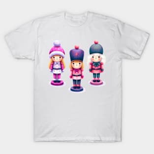 Offset Colorful Trio of Christmas Nutcracker Dolls - Pink, Purple, and White T-Shirt